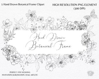 Può includere: Clipart di cornice botanica disegnata a mano in bianco e nero con fiori e foglie. La cornice è perfetta per inviti di nozze, progetti di sublimazione, arte da parete, ecc.