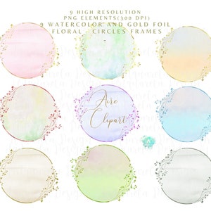 9 Watercolor & glitter  floral frames Clipart,Gold circles borders design PNG,iridiscent frame logo clipart Commercial Use