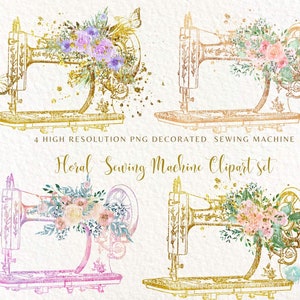 Sewing Machine clipart set,Watercolor & glitter floral sewing machine png, Hand drawn,Sublimation graphics,vector, Dressmaker,Commercial Use