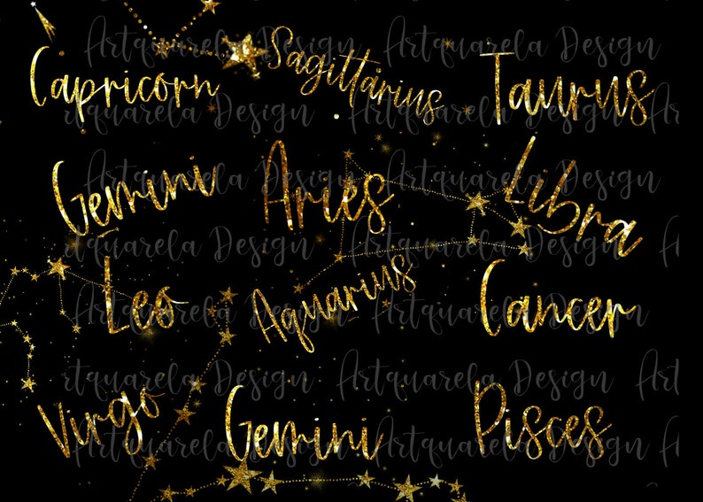 May include: A black background with gold glitter constellations and the names of the zodiac signs written in gold glitter. The signs are: Capricorn, Sagittarius, Taurus, Gemini, Aries, Libra, Leo, Aquarius, Cancer, Virgo, Gemini, and Pisces.