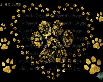 May include: Gold glitter paw print design with floral details in the shape of a heart. The design is surrounded by smaller gold glitter paw prints.