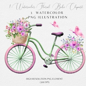 Floral Bicycle Clipart,Watercolor Pink  Bike PNG with Basket Touring Bike with Flowers Vintage Bike  Sublimation design, Instant Download