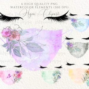 Floral Facemask Clipart Set, Watercolor Eyelashes Design (PNG)