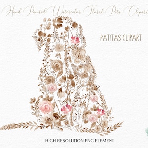 Clipart de mascotas con flores de acuarela - Perro con flores neutras - Silueta de gato con flores PNG - Vector png - Amantes de las mascotas - Sublimación - Bricolaje - Uso comercial