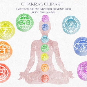 50% korting op de verkoop aquarel chakra's clipart, meditatie, yoga vrouw pose met chakra's, kundalini, chakra's symbool, budda, Sahara, png-vectoren