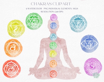 50% OFF SALE Watercolor  Chakras Clipart,Meditation,Yoga Woman Pose with Chakras,Kundalini, Chakras Symbol, Budda,Sahasrara, Png Vectors