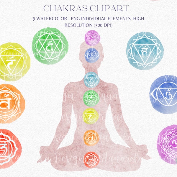 50% OFF SALE Watercolor  Chakras Clipart,Meditation,Yoga Woman Pose with Chakras,Kundalini, Chakras Symbol, Budda,Sahasrara, Png Vectors
