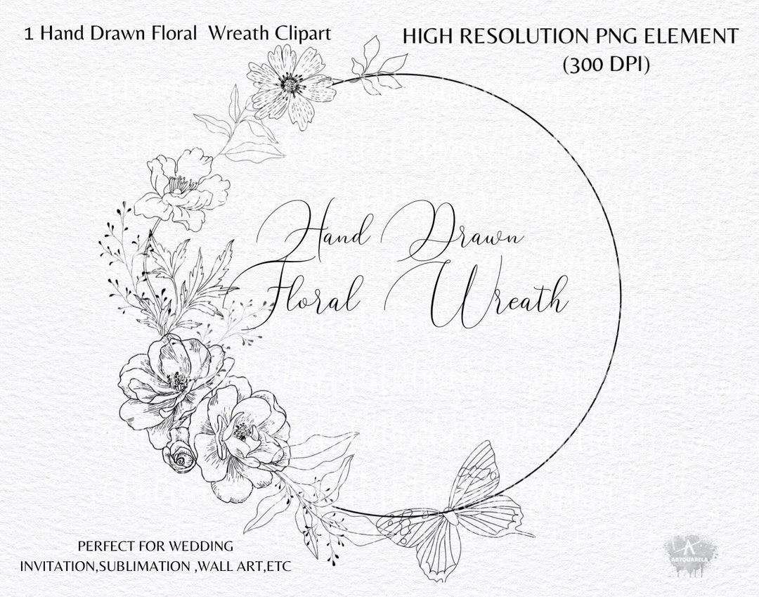 Black White Floral Wreath Clipart Hand Drawn Fine Line Art Flowers