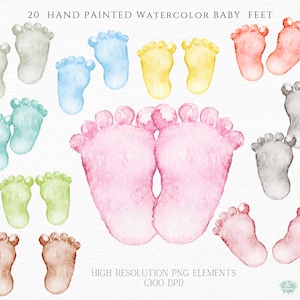 Imágenes prediseñadas de pies de bebé en acuarela, huella de pie de bebé pintada a mano, símbolo de embarazo, baby shower, sublimación, alta resolución png, uso comercial