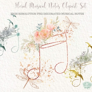 Ensemble de notes de musique clipart - aquarelle et notes de musique florales pailletées PNG - notes décorées par sublimation pour impression - vecteur musical - usage Commercial