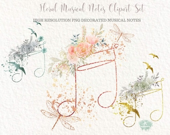 Floral Music Notes Clipart: Watercolor Glitter PNG (Commercial Use)