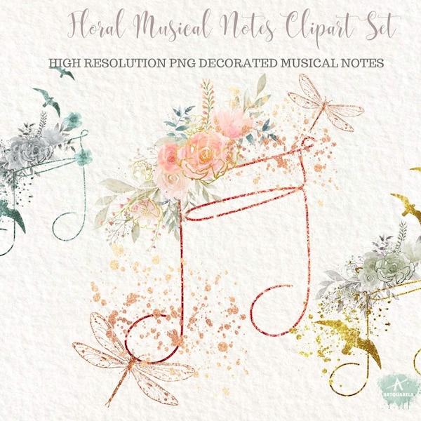 Music Notes Clipart set- Watercolor & glitter floral music notes PNG- Decorated notes Sublimation for print -Musical Vector- Commercial Use