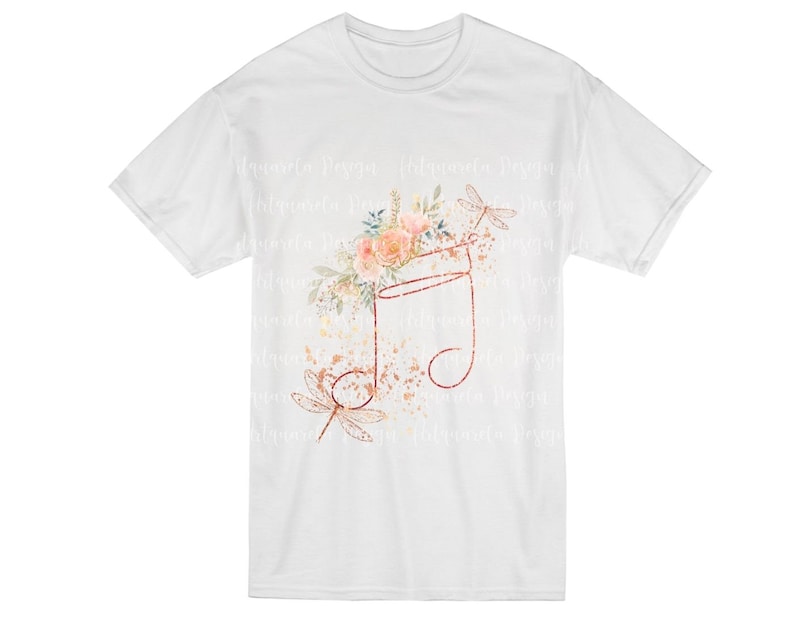 May include: A white t-shirt with a floral and dragonfly design. The design features a musical note with a floral arrangement and two dragonflies. The design is in shades of pink, orange, and brown.