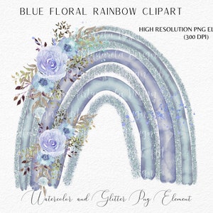 Glitter Rainbow Clipart, Arco-íris azul com flores de rosas azuis estilo Boho, Sublimação para CAMISETA, Berçário Vector PNG Uso Comercial