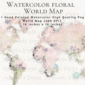 Weltkarte Clipart, Aquarell Blumenkarte Blush Weltreise Silhouette PNG Kontinent Sublimationsdesign Sofortiger Download, kommerzielle Nutzung
