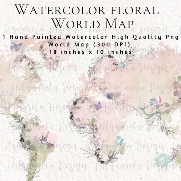 World map clipart,Watercolor floral map blush world travel  Silhouette png Continent Sublimation design Instant download,Commercial Use