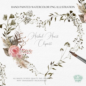 Cadre de couronne de coeur de verdure Clipart aquarelle feuilles séchées et roses coeur PNG Fleurs sauvages mariage Clip Art, conception par sublimation