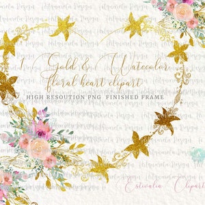 1 Watercolor & gold foil Floral heart wrearth. Glitter Lily flower  frame png,Wedding invitation ,bridal, Sublimation,Commercial Use