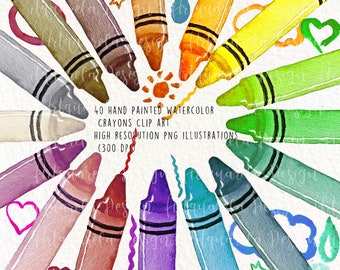 May include: A set of 40 watercolor crayon illustrations. The crayons are arranged in a circle with the tips pointing inwards. The crayons are in various colors, including red, orange, yellow, green, blue, purple, and brown. The background is white.