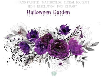 Halloween Clipart -Halloween Floral Frame-Floral Arrangement with Spiders PNG Invitation-Watercolor Purple Roses Border Sublimation DIY