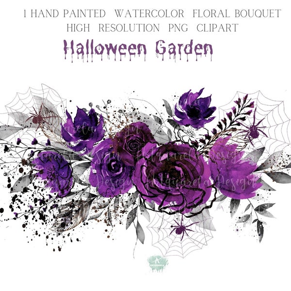 Halloween Clipart -Halloween Floral Frame-Floral Arrangement with Spiders PNG Invitation-Watercolor Purple Roses Border Sublimation DIY