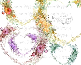 Clipart de corazón floral, rosas de acuarela, marcos dorados (PNG, descarga instantánea)