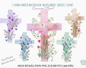 Watercolor floral crosses clipart PNG  Catholic Bridal cross clipart-First Communion -Wildflowers cross- DIY Trendy Design Commercial Use