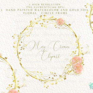 1 floral Gold circle frame clip Art, Hand Painted Watercolor and gold foil Embellished border png, Blush Pink roses frames,Commercial Use