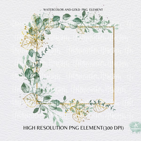 Eucalyptus Frame clipart Aquarelle & Gold Eucalyptus Square Border Boho clipart Feuilles Verdure Feuillage Digital Clipart Commercial Use