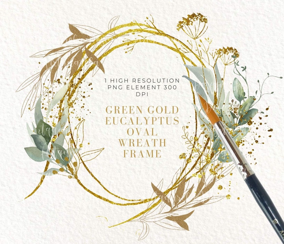 1 Watercolor Green Gold Eucalyptus Wreath Frame Clipart-embellished ...
