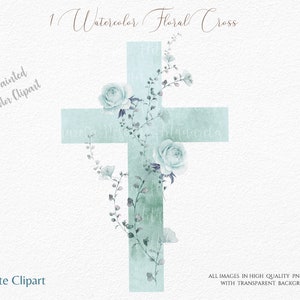 Kreuz Clipart PNG - Dusty hellblaues Blumenkreuz - Katholisches Kreuz-Erste Kommunion - Kirchenkreuz - Junge Taufe - Verziertes Kreuz mit Rosen