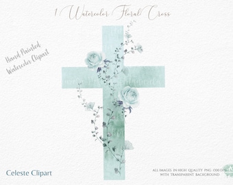 Cross Clipart PNG-Dusty light blue  floral cross -Catholic Cross-First Communion -Church Cross - Boy Baptism - Decorated Cross with roses