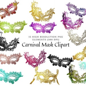 Karneval Maske Clipart png, Spitze Maske, Rose Gold Glitzer Silber, schwarze Maske, Aquarell Maske, Sublimation, Sofort-Download kommerzielle Nutzung