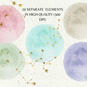 May include: Four watercolor circles with gold glitter stars and constellations. The circles are in shades of pink, green, blue, and purple.