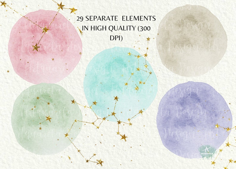 May include: Four watercolor circles with gold glitter stars and constellations. The circles are in shades of pink, green, blue, and purple.