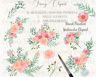Watercolor floral Clipart Set,Blush Roses Pink Flowers arrangement ,bouquet, leaves,greenery ,Frames,Wedding Invitation Instant Download