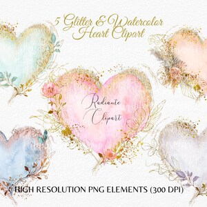 Corazones con purpurina y acuarela, clipart de eucalipto, flores, hojas secas, corazones bohemios, clipart, marco de corazón botánico PNG para uso comercial