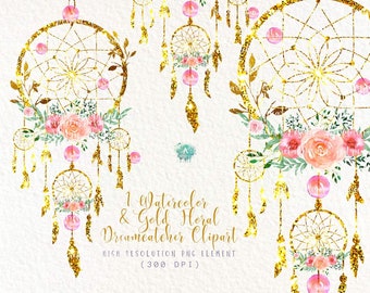 Dreamcatcher clipart png Watercolor & gold  floral dreamcatcher ,boho pink floral dreamcatcher vector png,sublimation, Commercial Use