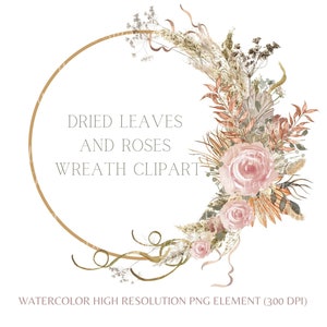 Aquarelle couronne de Boho clipart Boho cadre PNG Herbe de pampa neutre feuilles séchées Roses mariage inviter logo Sublimation Téléchargement instantané