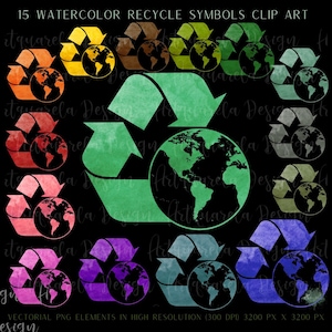 Watercolor Recycle Symbol Clip Art: Earth Day PNG Graphics (Digital Download)
