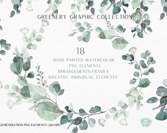 May include: A collection of 18 hand-painted watercolor greenery elements, including wreaths, frames, and individual leaves. The elements are in shades of green and white, and are perfect for adding a touch of nature to your designs.