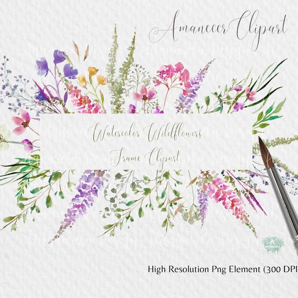 Watercolor Wildflowers Frame Clipart: Elegant Floral PNG (Digital Download)
