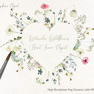Hand bemalt Aquarell Wildblumen Herz Kranz Rahmen Clipart Wiese Blumenherz Sublimation Design PNG Instant Download, kommerzielle Nutzung