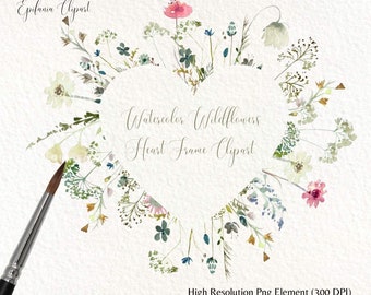 Hand Painted Watercolor Wildflowers Heart Wreath Frame Clipart Meadow Floral Heart Sublimation Design PNG  Instant Download,Commercial use