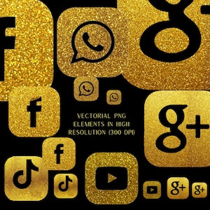 May include: Gold glitter social media icons, including Facebook, Instagram, YouTube, Twitter, WhatsApp, Google Plus, and TikTok.