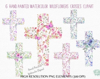 Watercolor Floral Crosses Clipart- Hand painted wildflowers Crosses-Vector png-Baptism cross -Easter -Sublimation Cross- Commercial Use