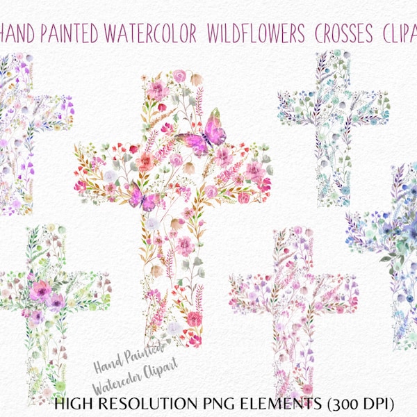 Watercolor Floral Crosses Clipart- Hand painted wildflowers Crosses-Vector png-Baptism cross -Easter -Sublimation Cross- Commercial Use