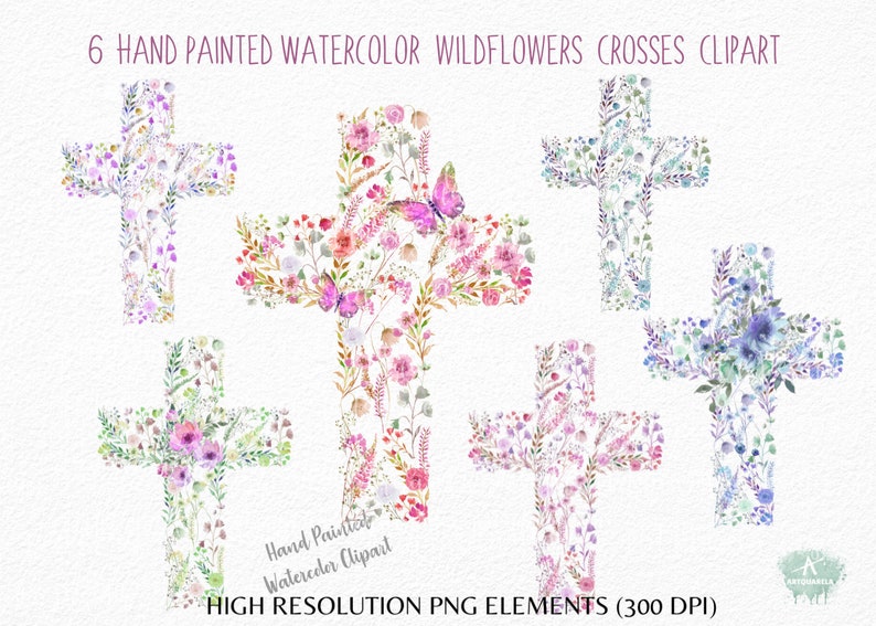 Watercolor Floral Crosses Clipart Hand painted wildflowers Crosses-Vector png-Baptism cross Easter Sublimation Cross Commercial Use zdjęcie 1