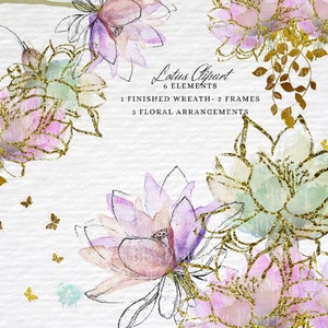 Fiori di loto Clipart Acquerello e lamina d'oro Ghirlande di fiori di loto, cornice di loto, design alla moda Matrimonio Alta risoluzione png Uso commerciale