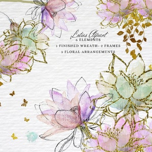 Lotus flowers Clipart  Watercolor & Gold foil  Lotus flower wreaths,Lotus frame,Trendy design Wedding High resolution png Commercial Use